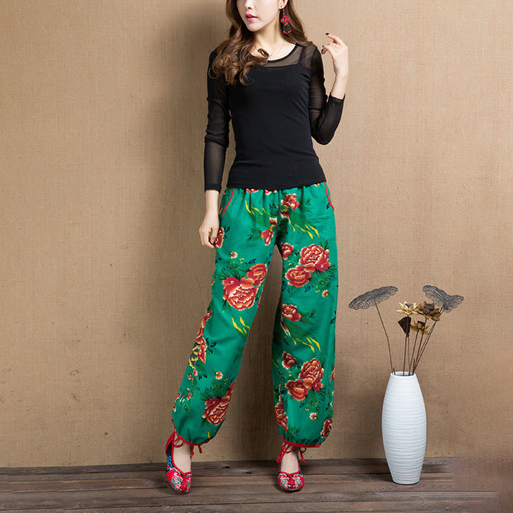 Buddha Stones Ethnic Style Red Green Flowers Print Harem Pants With Pockets - image 13