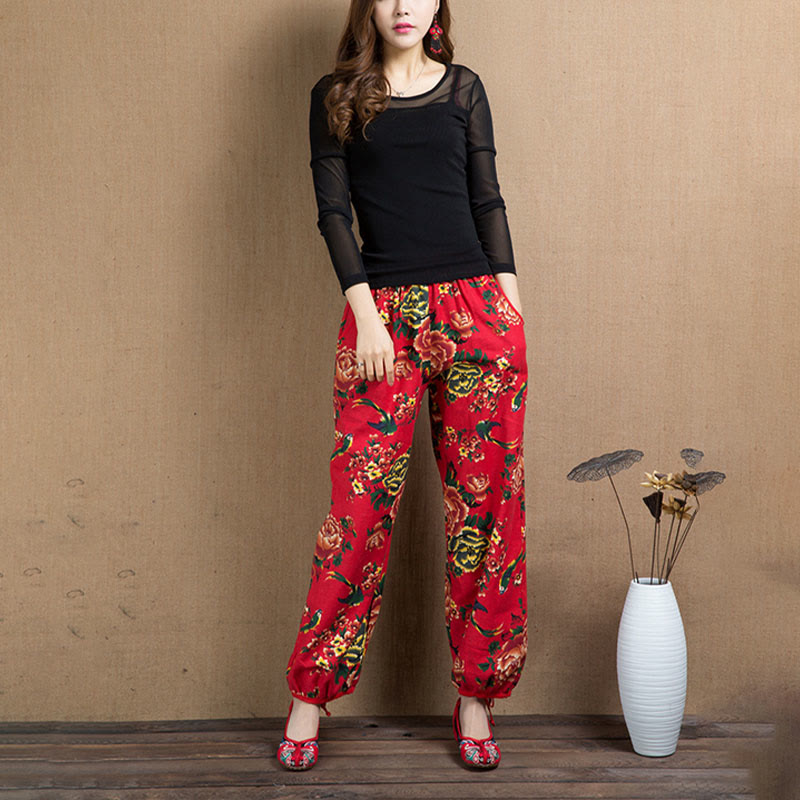 Buddha Stones Ethnic Style Red Green Flowers Print Harem Pants With Pockets - image 20