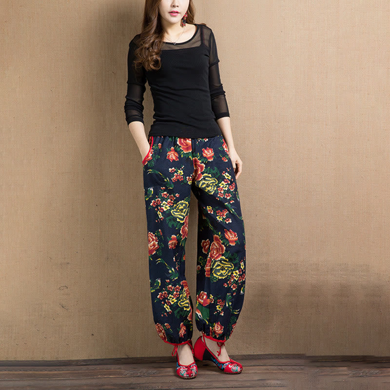 Buddha Stones Ethnic Style Red Green Flowers Print Harem Pants With Pockets - image 26