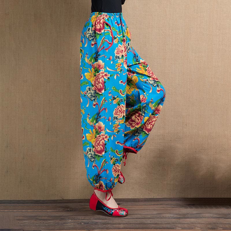 Buddha Stones Ethnic Style Red Green Flowers Print Harem Pants With Pockets - image 29