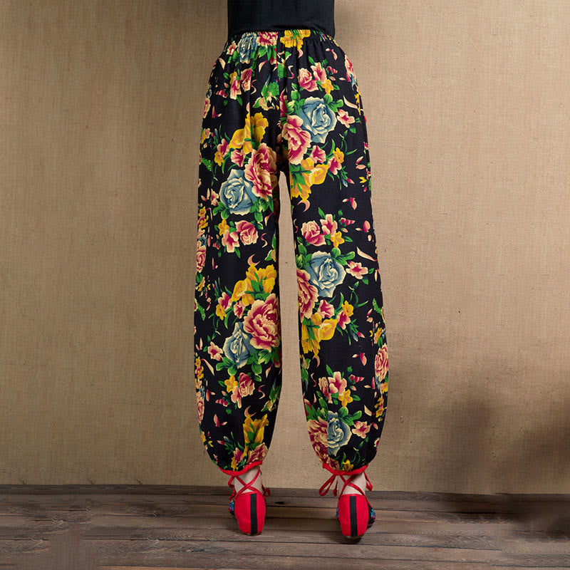 Buddha Stones Ethnic Style Red Green Flowers Print Harem Pants With Pockets - image 34