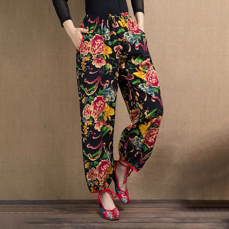 Buddha Stones Ethnic Style Red Green Flowers Print Harem Pants With Pockets - Black Red Blue Flowers-US4-6，UK/AU8-10，EU36-38 (F) - image 33