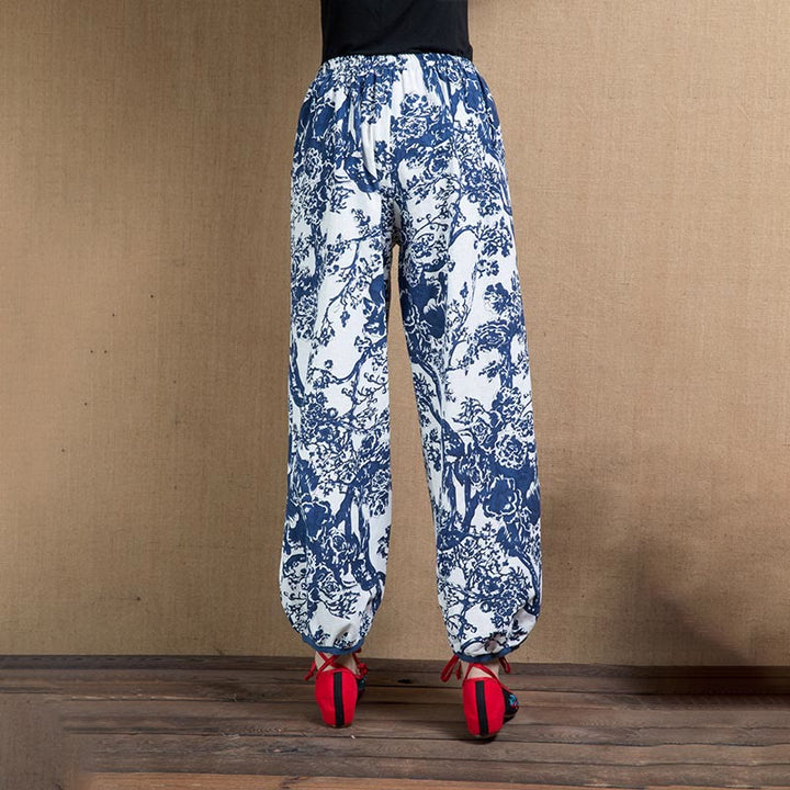 Buddha Stones Blue Tree Flowers Print Harem Pants With Pockets