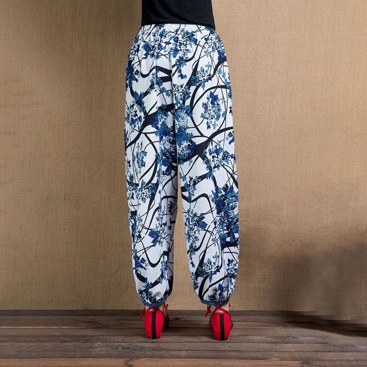 Buddha Stones Blue Tree Flowers Print Harem Pants With Pockets