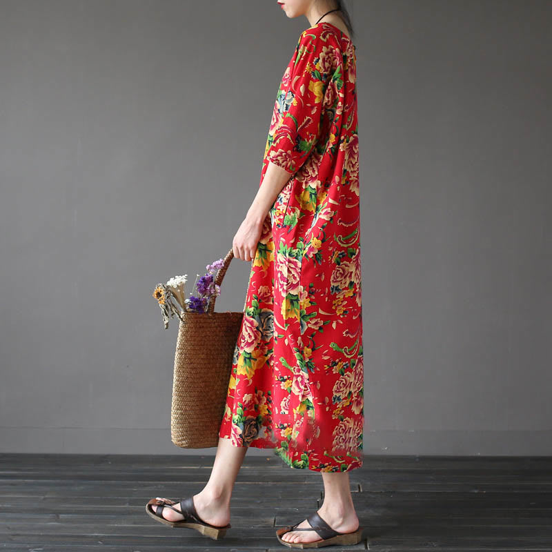 Buddha Stones Red Peony Flowers Printed Midi Dress Half Sleeve Cotton Linen Dress - image 2