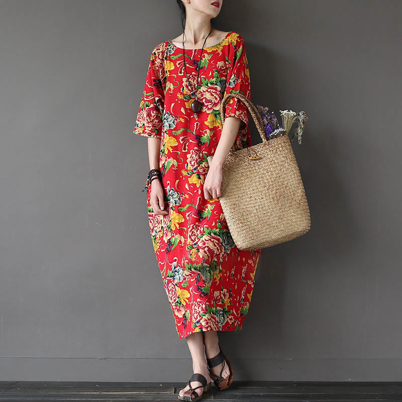 Buddha Stones Red Peony Flowers Printed Midi Dress Half Sleeve Cotton Linen Dress - image 4