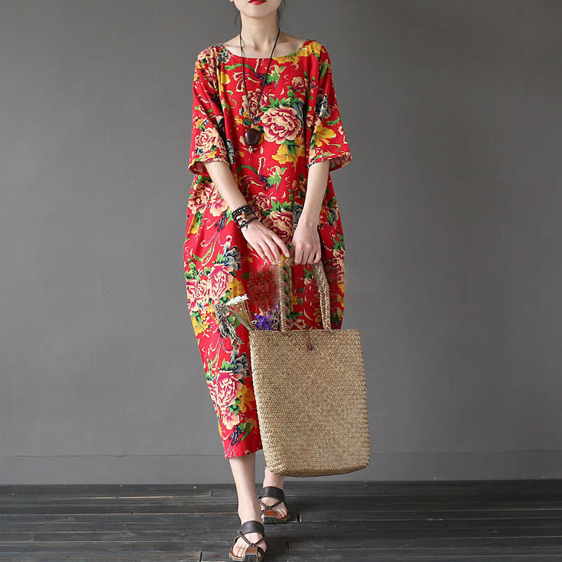 Buddha Stones Red Peony Flowers Printed Midi Dress Half Sleeve Cotton Linen Dress - image 5