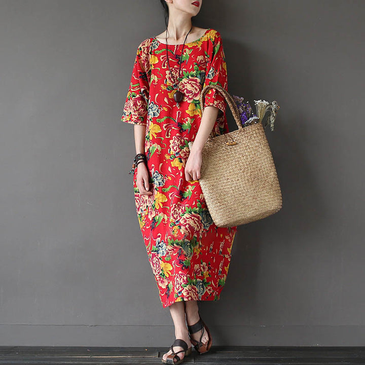 Buddha Stones Red Peony Flowers Printed Midi Dress Half Sleeve Cotton Linen Dress - image 4