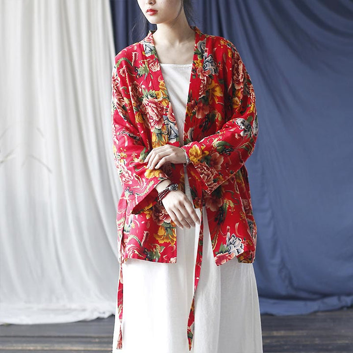 Buddha Stones Ethnic Style Northeast Red Flower Peony Print Cotton Linen Lace Up Jacket