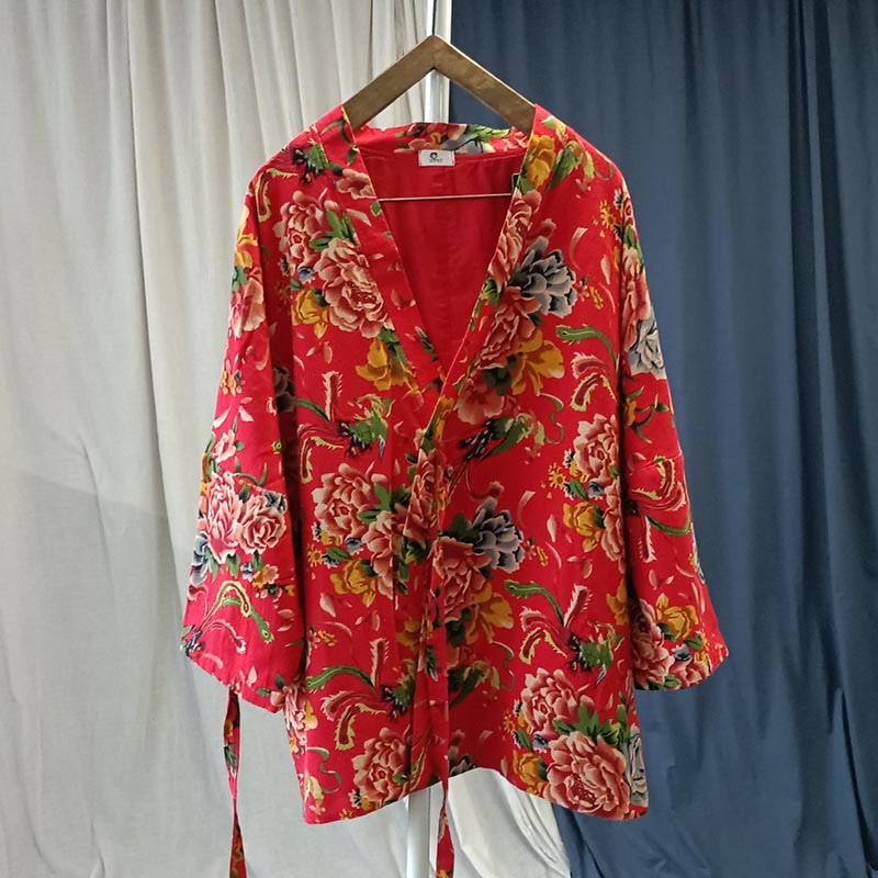 Buddha Stones Ethnic Style Northeast Red Flower Peony Print Cotton Linen Lace Up Jacket