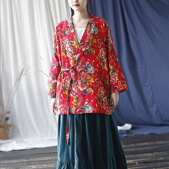 Buddha Stones Ethnic Style Northeast Red Flower Peony Print Cotton Linen Lace Up Jacket