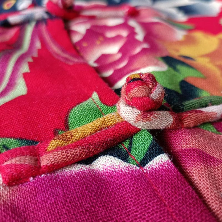 Buddha Stones Ethnic Red Flower Peony Frog-Button Cotton Linen Long Sleeve Shirt Jacket With Pockets - image 10