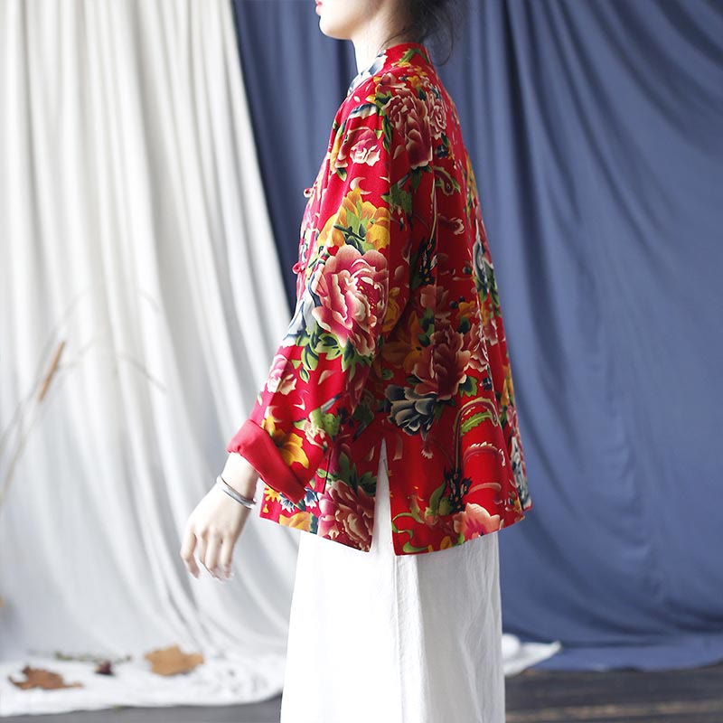 Buddha Stones Ethnic Red Flower Peony Frog-Button Cotton Linen Long Sleeve Shirt Jacket With Pockets - image 4