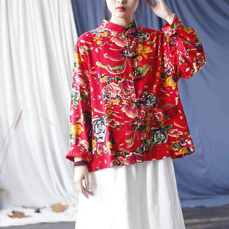 Buddha Stones Ethnic Red Flower Peony Frog-Button Cotton Linen Long Sleeve Shirt Jacket With Pockets