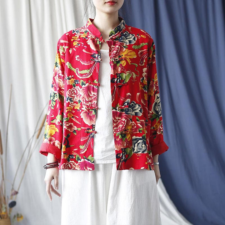 Buddha Stones Ethnic Red Flower Peony Frog-Button Cotton Linen Long Sleeve Shirt Jacket With Pockets - US4-8/10，UK/AU8-12/14，EU36-40/42 (F)-(Jacket Only) - image 0