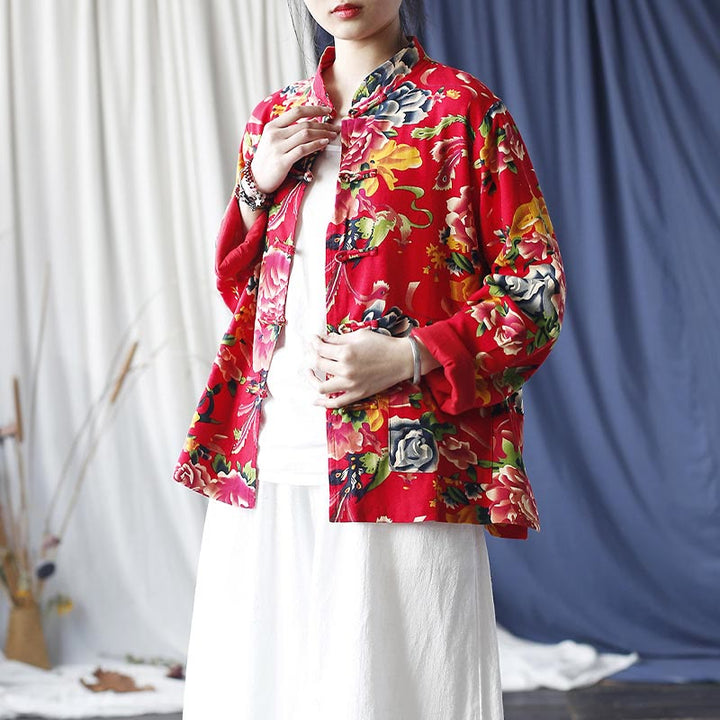 Buddha Stones Ethnic Red Flower Peony Frog-Button Cotton Linen Long Sleeve Shirt Jacket With Pockets