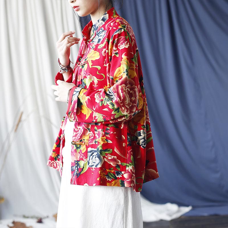 Buddha Stones Ethnic Red Flower Peony Frog-Button Cotton Linen Long Sleeve Shirt Jacket With Pockets - image 3