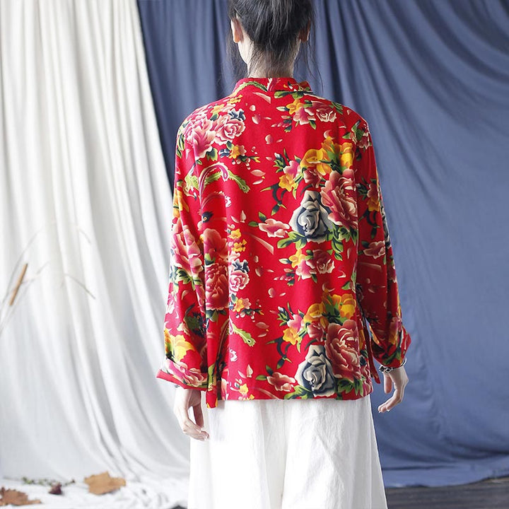 Buddha Stones Ethnic Red Flower Peony Frog-Button Cotton Linen Long Sleeve Shirt Jacket With Pockets - image 2