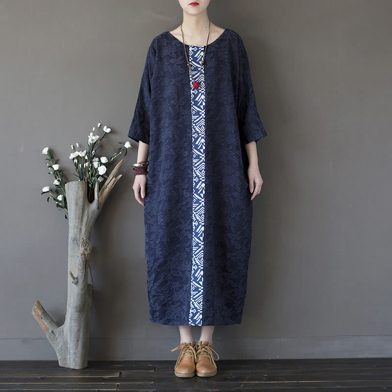 Buddha Stones Blue Flowers Embroidery Jacquard Midi Dress Three Quarter Sleeve Cotton Dress With Pockets - image 16