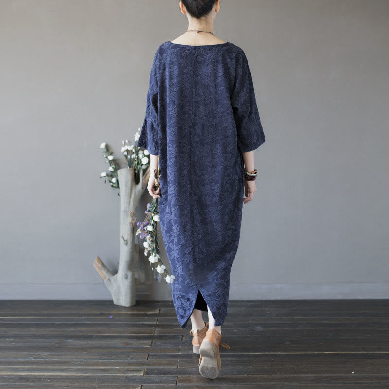 Buddha Stones Blue Flowers Embroidery Jacquard Midi Dress Three Quarter Sleeve Cotton Dress With Pockets - image 3