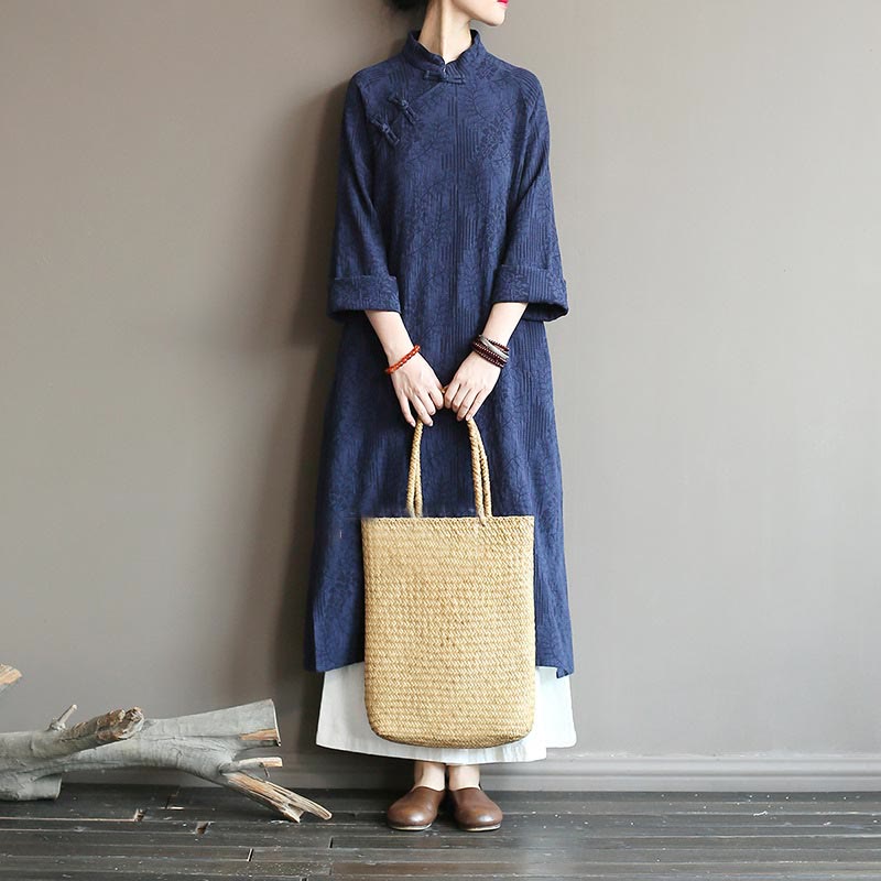 Buddha Stones Flower Jacquard Midi Dress Long Sleeve Cotton Linen Dress Wide Leg Pants With Pockets