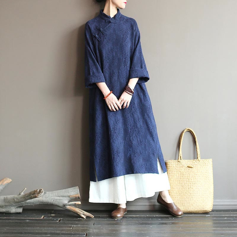 Buddha Stones Flower Jacquard Midi Dress Long Sleeve Cotton Linen Dress Wide Leg Pants With Pockets - image 2