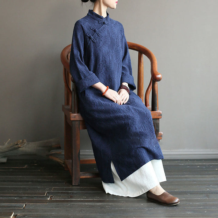 Buddha Stones Flower Jacquard Midi Dress Long Sleeve Cotton Linen Dress Wide Leg Pants With Pockets - image 6