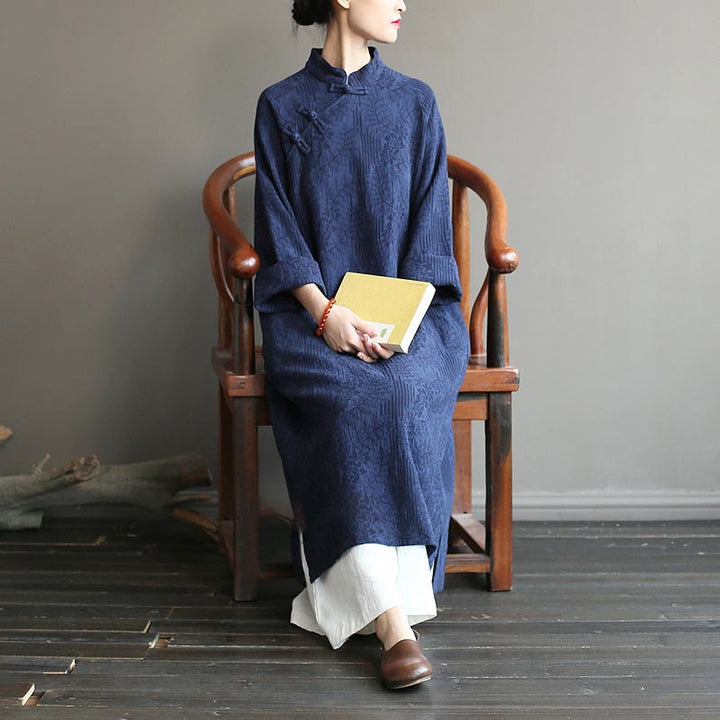 Buddha Stones Flower Jacquard Midi Dress Long Sleeve Cotton Linen Dress Wide Leg Pants With Pockets - image 5