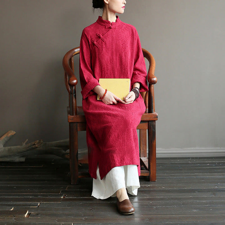 Buddha Stones Flower Jacquard Midi Dress Long Sleeve Cotton Linen Dress Wide Leg Pants With Pockets - image 25