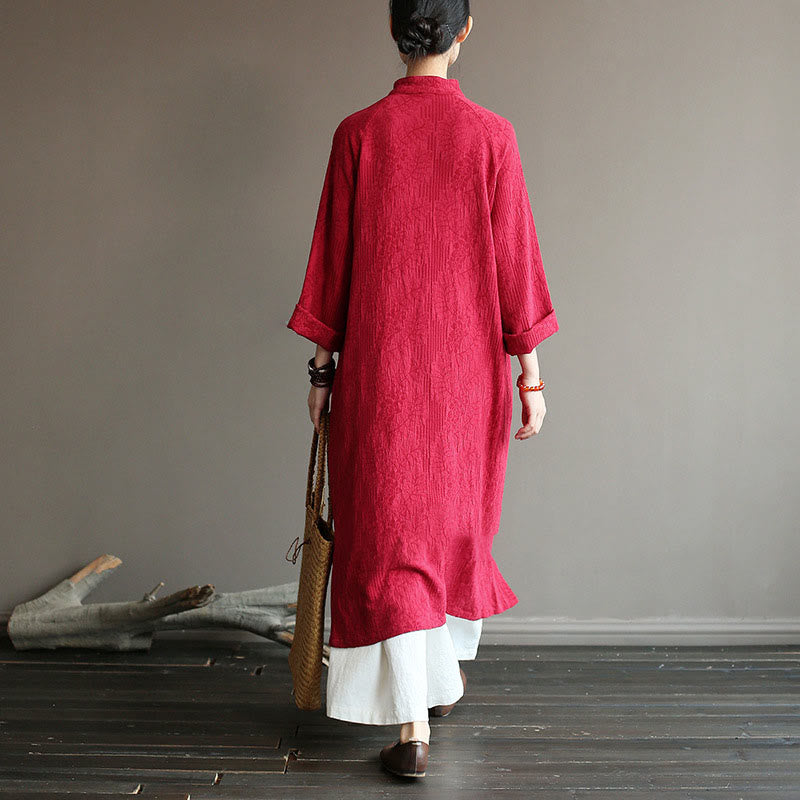 Buddha Stones Flower Jacquard Midi Dress Long Sleeve Cotton Linen Dress Wide Leg Pants With Pockets - image 18