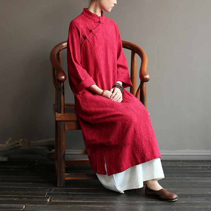 Buddha Stones Flower Jacquard Midi Dress Long Sleeve Cotton Linen Dress Wide Leg Pants With Pockets - image 27