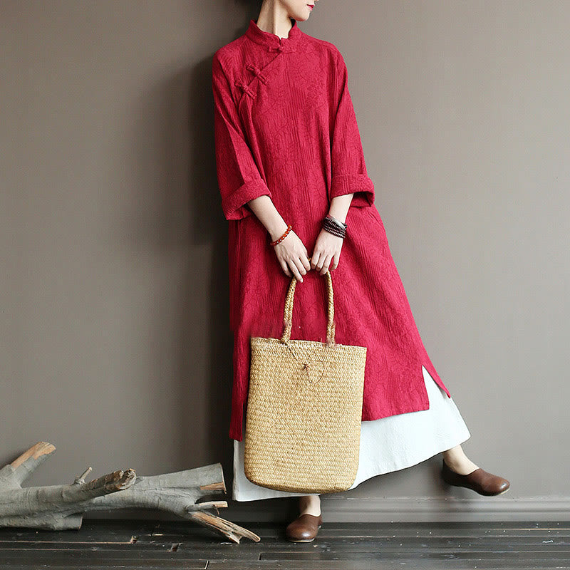 Buddha Stones Flower Jacquard Midi Dress Long Sleeve Cotton Linen Dress Wide Leg Pants With Pockets - image 21
