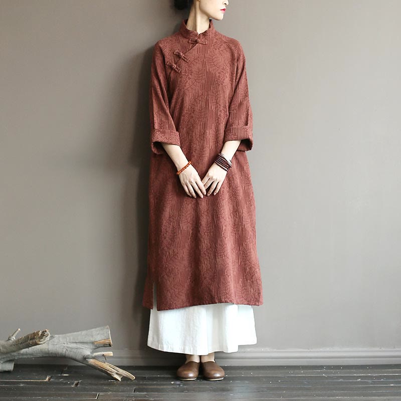 Buddha Stones Flower Jacquard Midi Dress Long Sleeve Cotton Linen Dress Wide Leg Pants With Pockets