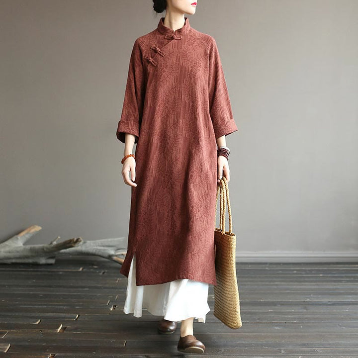 Buddha Stones Flower Jacquard Midi Dress Long Sleeve Cotton Linen Dress Wide Leg Pants With Pockets - image 37