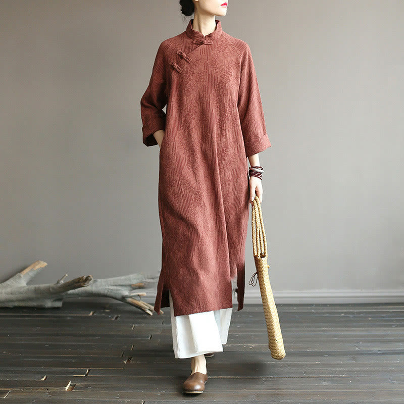 Buddha Stones Flower Jacquard Midi Dress Long Sleeve Cotton Linen Dress Wide Leg Pants With Pockets