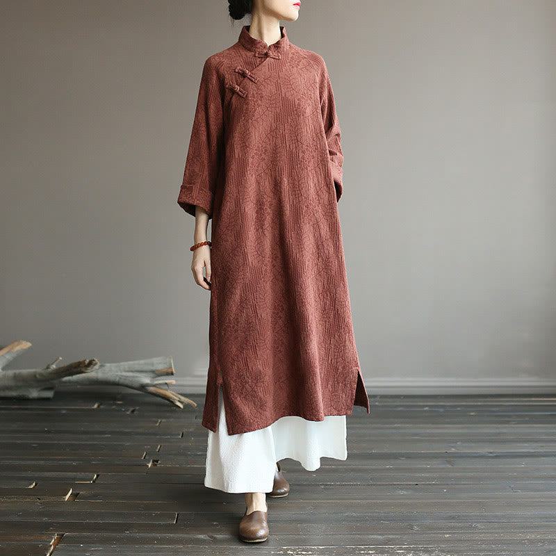 Buddha Stones Flower Jacquard Midi Dress Long Sleeve Cotton Linen Dress Wide Leg Pants With Pockets