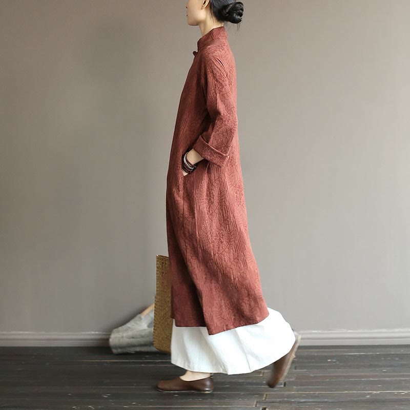 Buddha Stones Flower Jacquard Midi Dress Long Sleeve Cotton Linen Dress Wide Leg Pants With Pockets