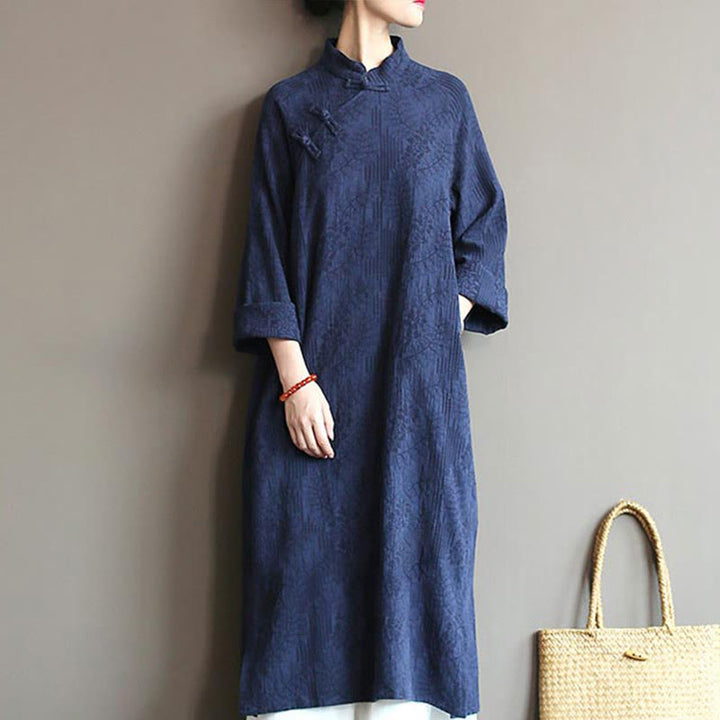 Buddha Stones Flower Jacquard Midi Dress Long Sleeve Cotton Linen Dress Wide Leg Pants With Pockets - Blue Dress(Dress Only) - US4-8/10，UK/AU8-12/14，EU36-40/42 (F) - image 41