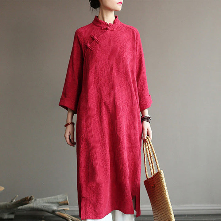 Buddha Stones Flower Jacquard Midi Dress Long Sleeve Cotton Linen Dress Wide Leg Pants With Pockets