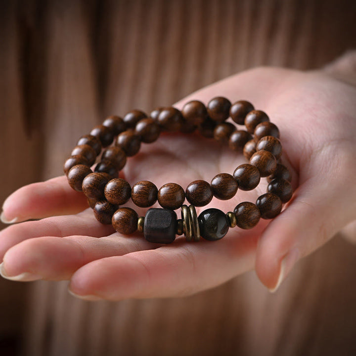 Buddha Stones Sandalwood Ebony Wood Bead Healing Single Double Wrap Bracelet