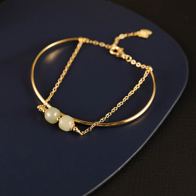 Buddha Stones Copper Plated Gold Hetian Jade Bead Luck Double Layer Bracelet Bangle - Hetian Jade Two Bead(Wrist Circumference 14-15cm) - image 9