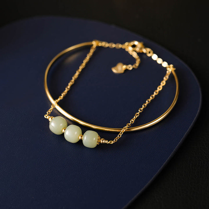 Buddha Stones Copper Plated Gold Hetian Jade Bead Luck Double Layer Bracelet Bangle - image 3