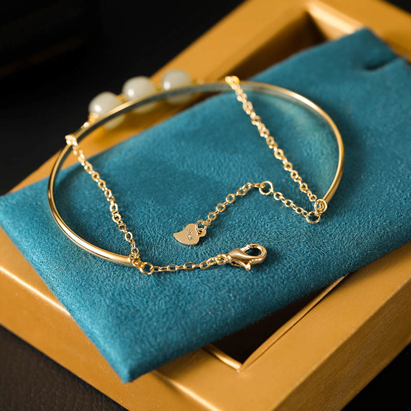 Buddha Stones Copper Plated Gold Hetian Jade Bead Luck Double Layer Bracelet Bangle - image 5