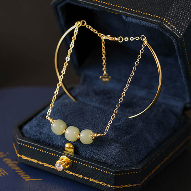 Buddha Stones Copper Plated Gold Hetian Jade Bead Luck Double Layer Bracelet Bangle - Hetian Jade Three Bead(Wrist Circumference 14-15cm) - image 1
