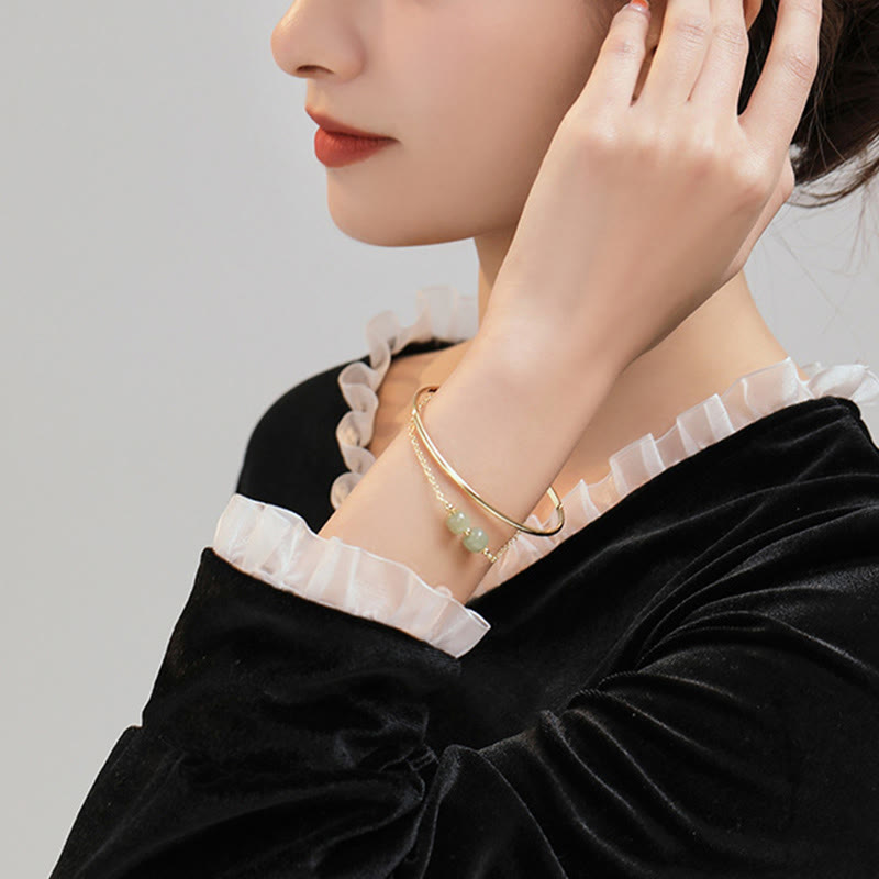 Buddha Stones Copper Plated Gold Hetian Jade Bead Luck Double Layer Bracelet Bangle - image 13