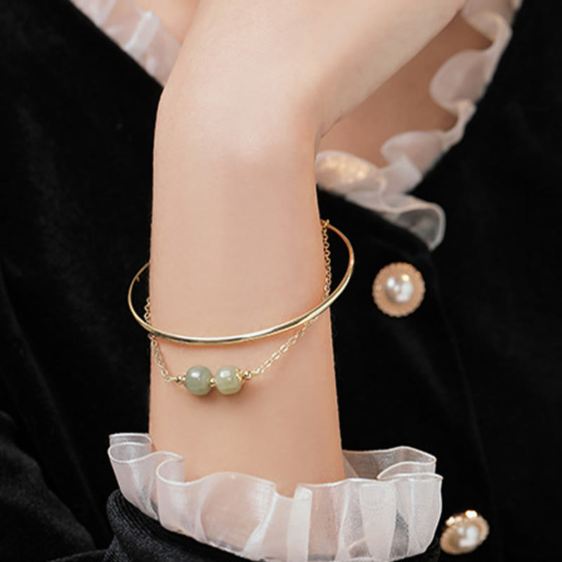 Buddha Stones Copper Plated Gold Hetian Jade Bead Luck Double Layer Bracelet Bangle - image 11
