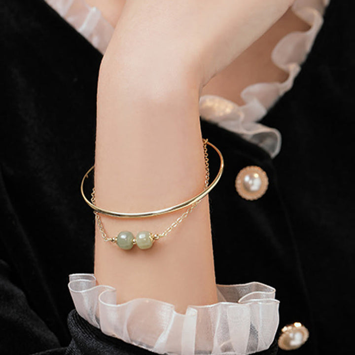 Buddha Stones Copper Plated Gold Hetian Jade Bead Luck Double Layer Bracelet Bangle - image 11