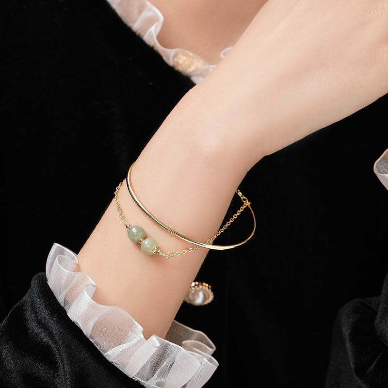 Buddha Stones Copper Plated Gold Hetian Jade Bead Luck Double Layer Bracelet Bangle - image 10