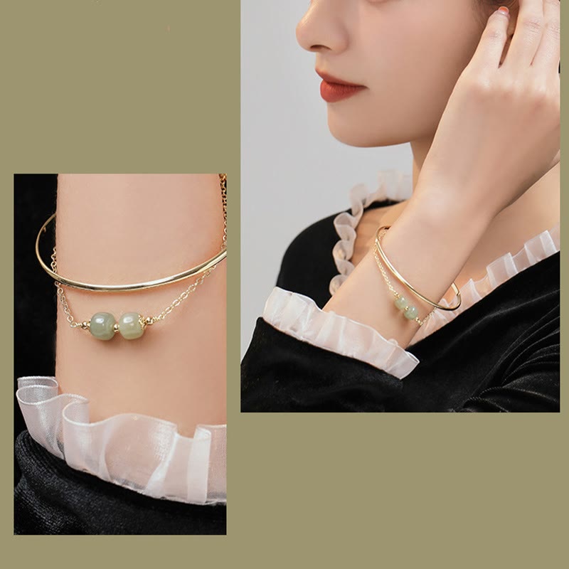Buddha Stones Copper Plated Gold Hetian Jade Bead Luck Double Layer Bracelet Bangle - image 15