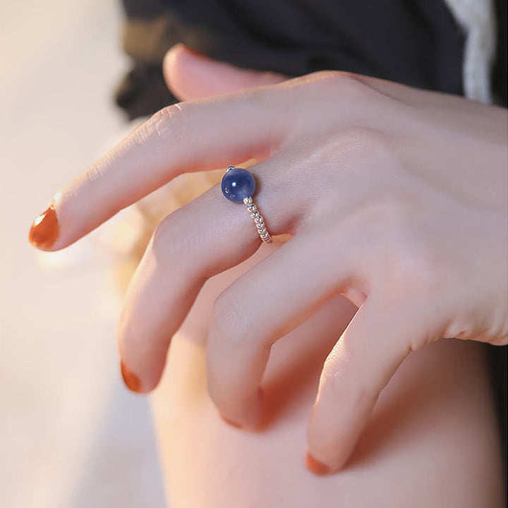 Buddha Stones 925 Sterling Silver Blue Candy Agate Healing Bead Ring